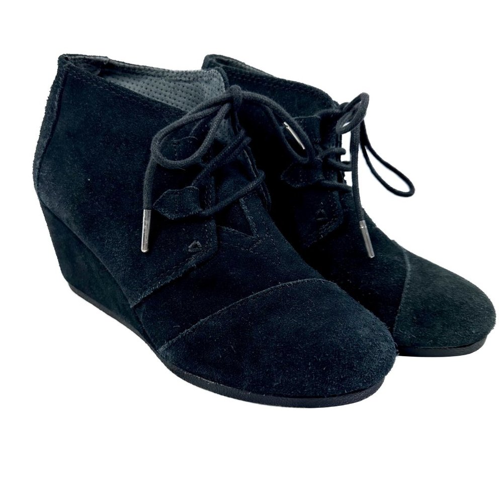 TOMS Black Suede Lace Wedge Booties